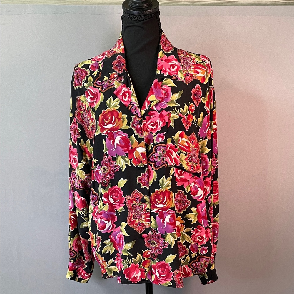 Vintage 100% Silk TESS Rose Floral Button Down Blouse | Size 12